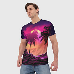 Футболка мужская Пальмы и пляж в розовом закате ретро дизайн, цвет: 3D-принт — фото 2