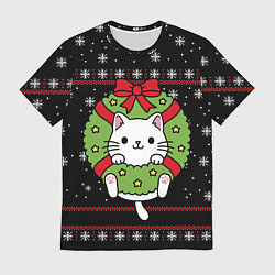 Футболка мужская Рождественский венок с котиком, цвет: 3D-принт