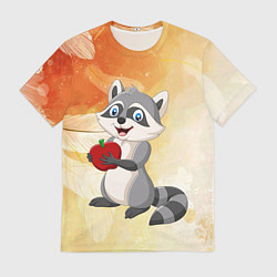 Футболка мужская Енот держит красное яблоко, цвет: 3D-принт