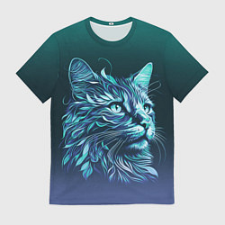 Футболка мужская Неоновый кот: фиолетовые и бирюзовые линии, цвет: 3D-принт