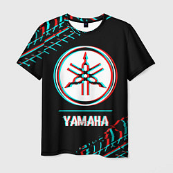 Футболка мужская Значок Yamaha в стиле glitch на темном фоне, цвет: 3D-принт