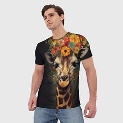 Футболка мужская Портрет жирафа с цветами: арт нейросети, цвет: 3D-принт — фото 2