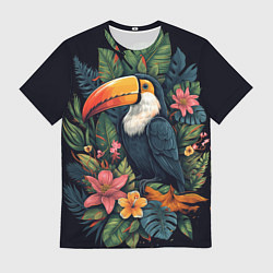 Футболка мужская Тукан на фоне тропических листьев: арт нейросети, цвет: 3D-принт