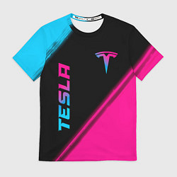 Футболка мужская Tesla - neon gradient: надпись, символ, цвет: 3D-принт
