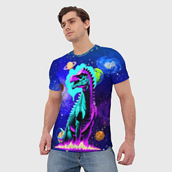 Футболка мужская Динозавр в космосе - неоновое свечение, цвет: 3D-принт — фото 2