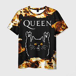 Футболка мужская Queen рок кот и огонь, цвет: 3D-принт