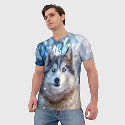 Футболка мужская Хаски с голубыми глазами в зимнем лесу, цвет: 3D-принт — фото 2