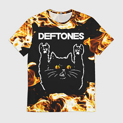Футболка мужская Deftones рок кот и огонь, цвет: 3D-принт