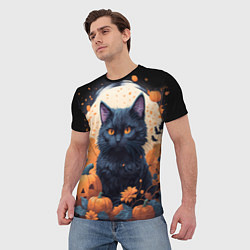 Футболка мужская Котик и тыквы - хеллоуин, цвет: 3D-принт — фото 2