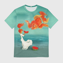 Футболка мужская Девочка с арбузом и золотая рыбка, цвет: 3D-принт