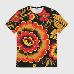 Футболка мужская Хохломская роспись красно-жёлтые цветы на чёрном ф, цвет: 3D-принт