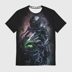 Футболка мужская Мотоциклист на спортивном байке черный фон, цвет: 3D-принт