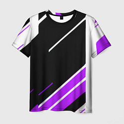 Футболка мужская Бело-фиолетовые полосы на чёрном фоне, цвет: 3D-принт