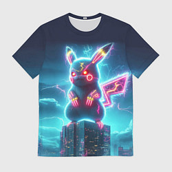 Футболка мужская Пикадзила на крыше небоскрёба - неоновое свечение:, цвет: 3D-принт