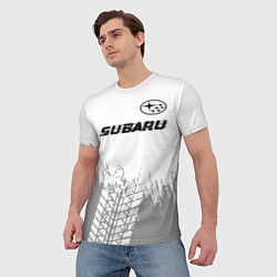 Футболка мужская Subaru speed на светлом фоне со следами шин посере, цвет: 3D-принт — фото 2