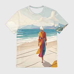 Мужская футболка Летний пейзаж с женщиной на пляже
