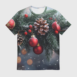 Футболка мужская Красные игрушки на елке и шишки, цвет: 3D-принт