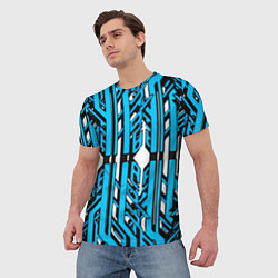 Футболка мужская Чёрно-синие техно полосы на белом фоне, цвет: 3D-принт — фото 2
