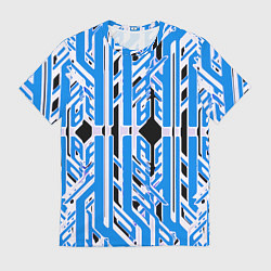 Футболка мужская Бело-синие техно полосы на чёрном фоне, цвет: 3D-принт