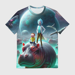 Футболка мужская Рик и Морти сидят на бегемоте - нейроарт фантазия, цвет: 3D-принт
