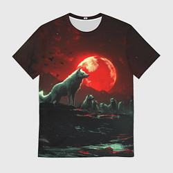 Футболка мужская Белый волк на фоне красной луны, цвет: 3D-принт