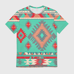 Футболка мужская Оранжево бирюзовый геометрический узор в стиле ацт, цвет: 3D-принт