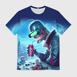 Футболка мужская Кибер Бендер пьёт лимонад - неоновое свечение, цвет: 3D-принт