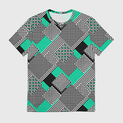 Футболка мужская Черно бирюзовая абстрактная геометрия пэчворк, цвет: 3D-принт