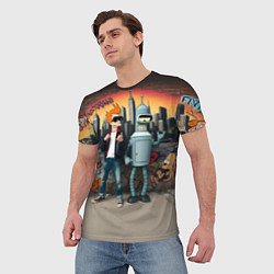 Футболка мужская Фрай и Бендер на фоне стены с граффити, цвет: 3D-принт — фото 2