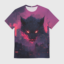 Футболка мужская Кибер-лиса смотрит за городом, цвет: 3D-принт