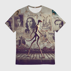 Футболка мужская Пришелец идёт вдоль стены с рваными афишами, цвет: 3D-принт