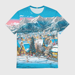 Футболка мужская Новогодняя деревушка в горах, цвет: 3D-принт