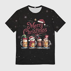 Футболка мужская Кружки пива в новогодних шапках, цвет: 3D-принт
