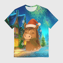 Футболка мужская Новогодняя лошадка жует елочные ветки, цвет: 3D-принт