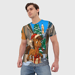 Футболка мужская Лошадка распаковывает новогодний подарок, цвет: 3D-принт — фото 2