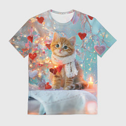 Футболка мужская Рыжий новогодний котенок с сердечком, цвет: 3D-принт