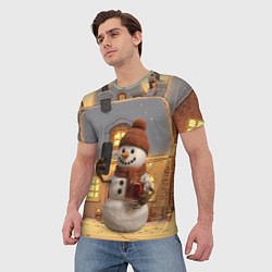 Футболка мужская Снеговик с глинтвейном делает селфи, цвет: 3D-принт — фото 2