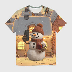 Футболка мужская Снеговик с глинтвейном делает селфи, цвет: 3D-принт