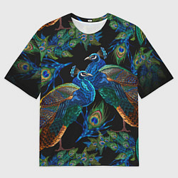 Мужская футболка оверсайз Павлины - вышивка гладью