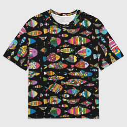 Мужская футболка оверсайз Разноцветные рыбы - черный фон