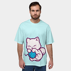 Футболка оверсайз мужская Белый котенок с клубком милый, цвет: 3D-принт — фото 2