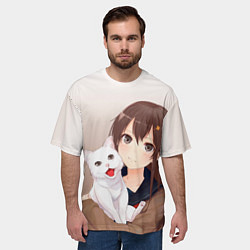 Футболка оверсайз мужская Девочка и белый кот аниме, цвет: 3D-принт — фото 2