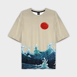 Мужская футболка оверсайз Японский Стиль Волны и Солнце