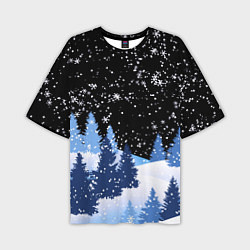 Мужская футболка оверсайз Снежная ночь в зимнем лесу