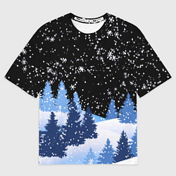 Мужская футболка оверсайз Снежная ночь в зимнем лесу