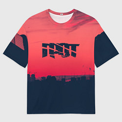 Футболка оверсайз мужская ГРОТ ЛОГО НА ФОНЕ ЗАКАТА, цвет: 3D-принт
