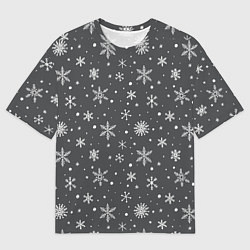Мужская футболка оверсайз Белые снежинки на сером фоне