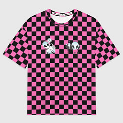 Мужская футболка оверсайз Инопланетянин в черно розовую клетку