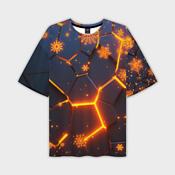 Мужская футболка оверсайз НОВОГОДНИЕ ОГНЕННЫЕ 3D ПЛИТЫ FIRE NEON HEXAGON