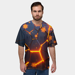 Футболка оверсайз мужская НОВОГОДНИЕ ОГНЕННЫЕ 3D ПЛИТЫ FIRE NEON HEXAGON, цвет: 3D-принт — фото 2